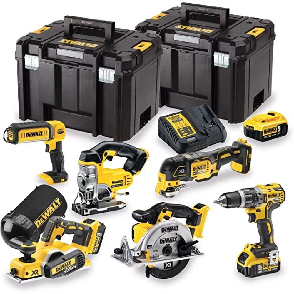 Набор бесщеточных аккумуляторных инструментов DeWALT DCK665P3T: дрель-шуруповерт, лобзик, циркулярная пила, рубанок, реноватор-мультитул, фонарь, 3 Акб, ЗУ, 2 кейса TSTAK